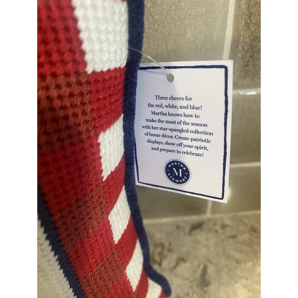 Martha Stewart All American Patriotic Needlepoint Pillow Gingham Lumbar 14x8 NWT